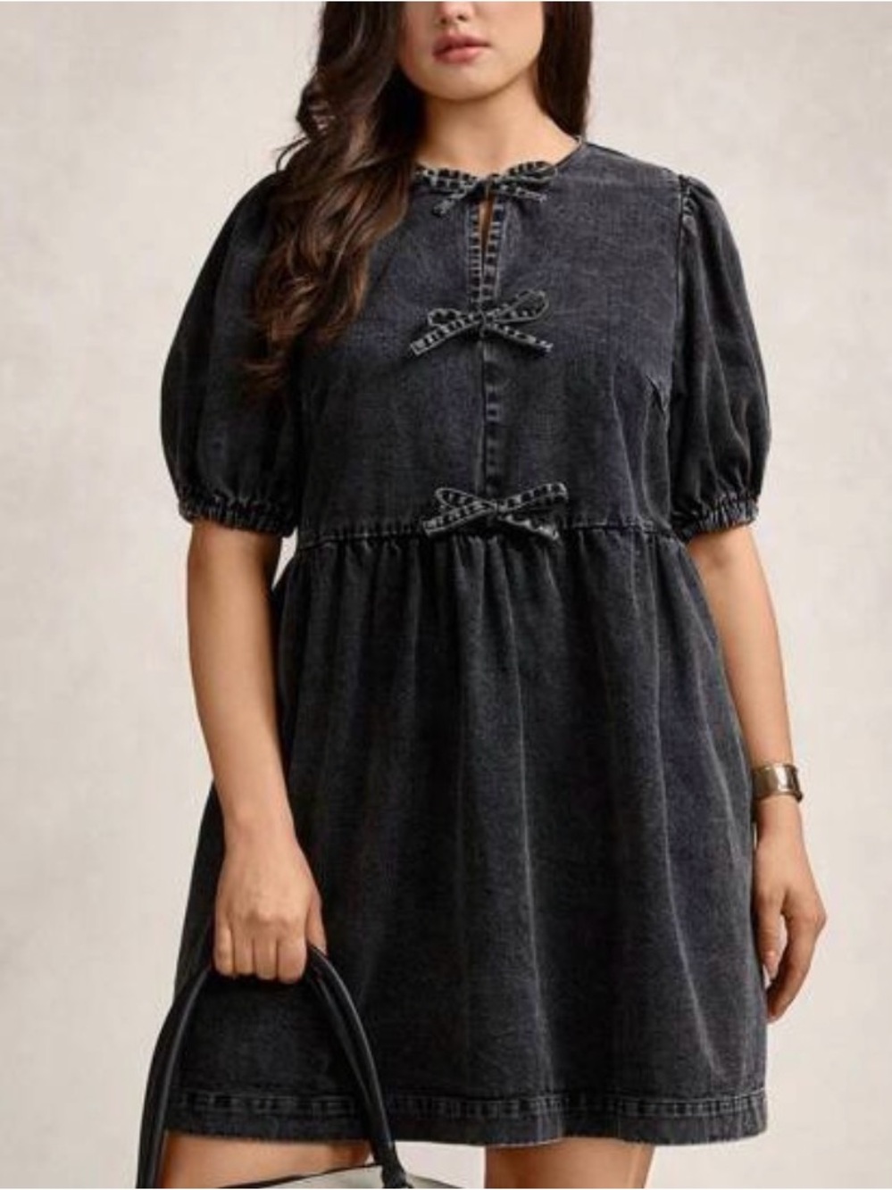 Cotton denim black bow dress - XL
